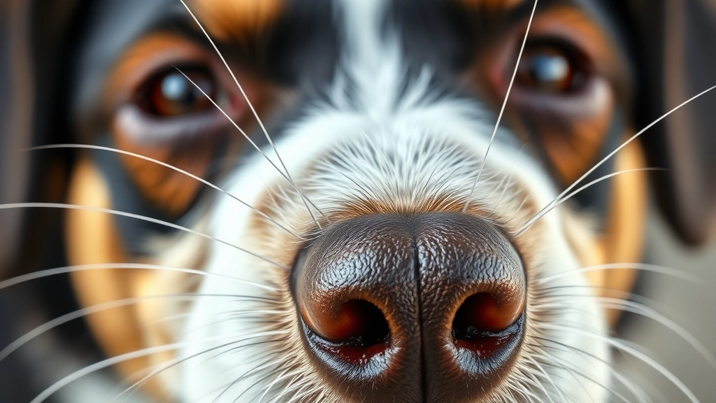 Close-up of a dog's face showing detailed whiskers protruding from muzzle and cheeks, photorealistic, natural lighting highlighting individual whisker texture