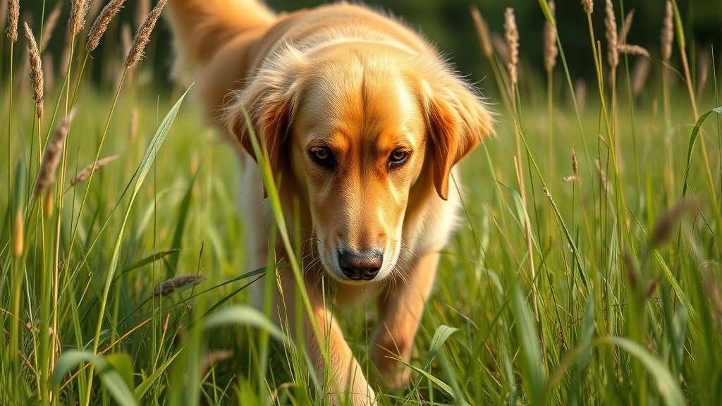 Golden Retriever dog navigating through tall grass outdoors, showing whiskers detecting environment, photorealistic daytime scene with natural motion