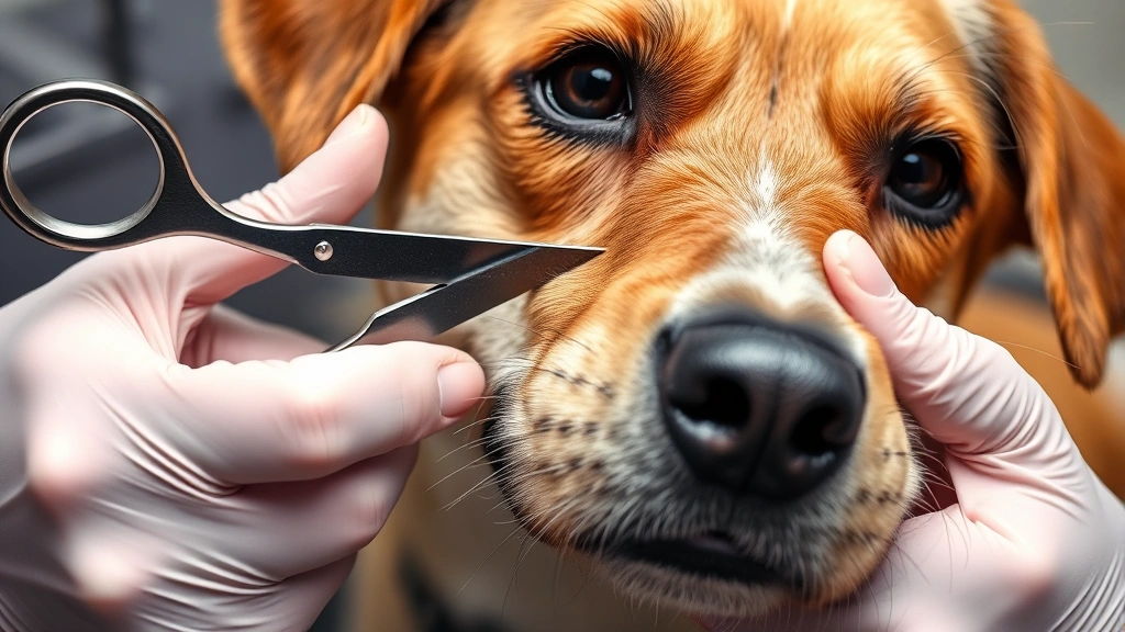 Professional dog groomer carefully working on dog's face with scissors, focusing on area around whiskers without touching them, detailed photorealistic setting