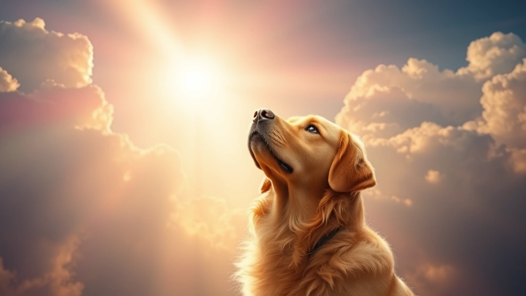 Golden retriever looking peacefully upward toward bright light, serene spiritual atmosphere, clouds, ethereal glow