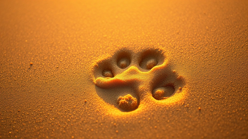Dog paw print in soft golden sand with sunset light, symbolic memorial imagery, warm peaceful colors
