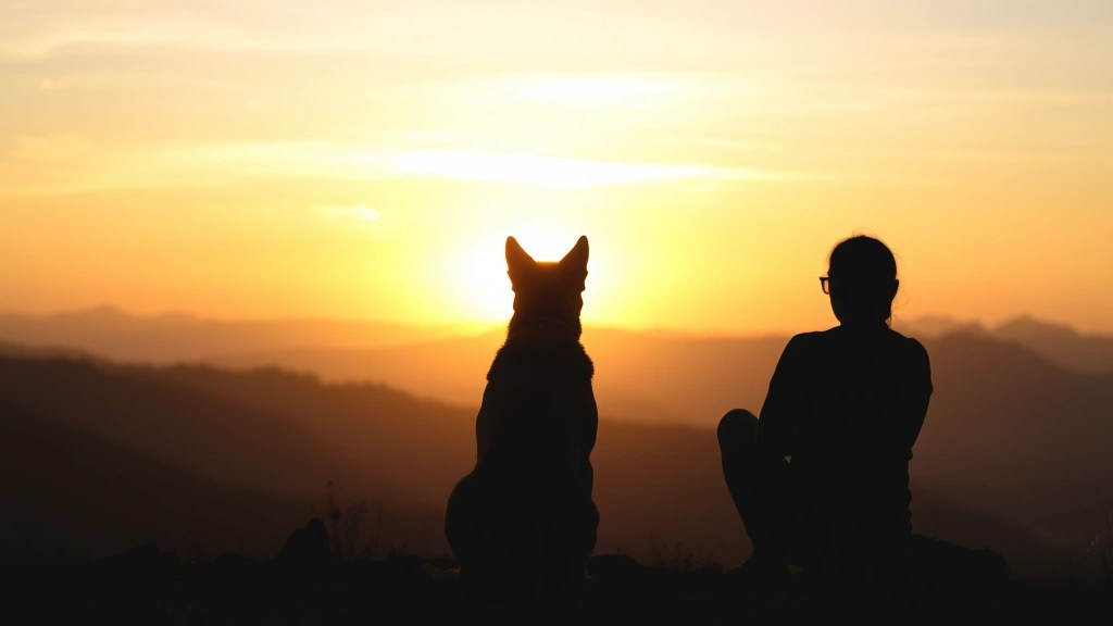 Silhouette of dog sitting beside person watching sunset over mountains, emotional bond connection, tranquil landscape