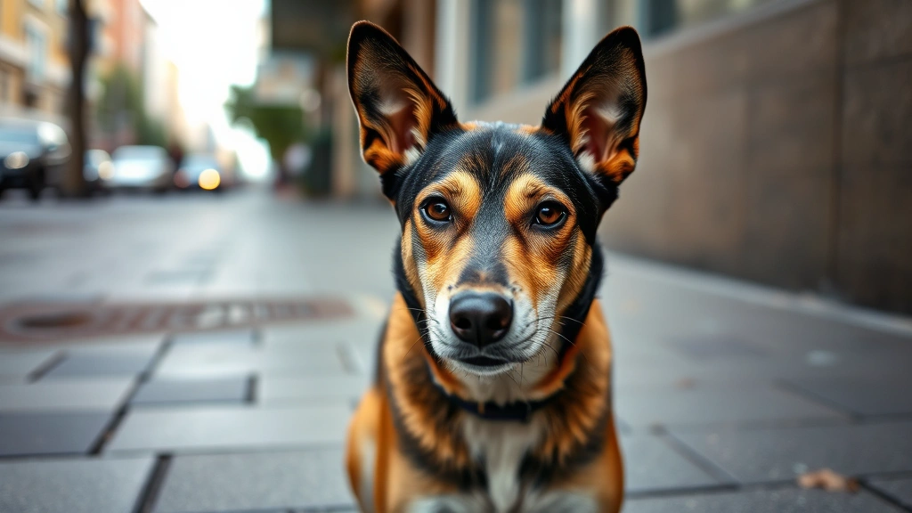 Stray dog with alert, intelligent eyes sitting on urban street pavement, looking directly at camera with cautious but gentle expression, natural daylight