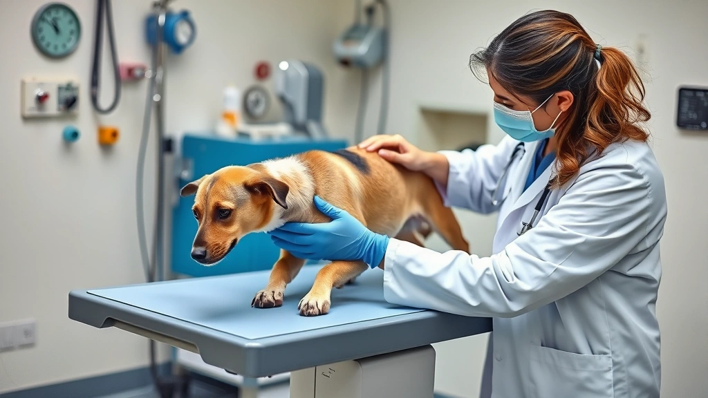 Veterinarian in white coat examining stray dog on examination table, checking for parasites and health issues, clinical setting with medical equipment visible