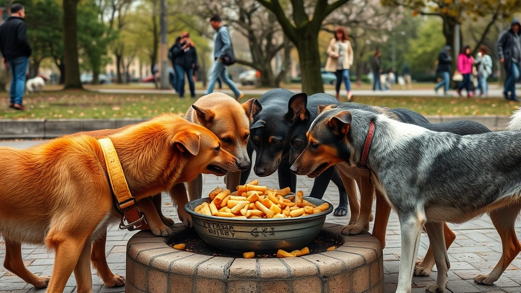 Group of stray dogs sharing food at community feeding station in park, showing pack dynamics and social interaction, realistic street dog behavior