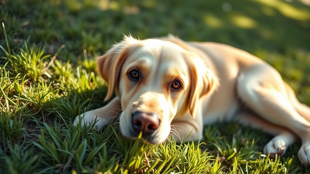 Golden retriever lying on grass looking up at camera with soft eyes, natural sunlight, peaceful outdoor setting, dog's perspective view, photorealistic
