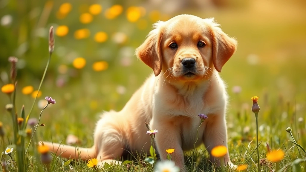 a dogs purpose cast - Golden Retriever puppy with floppy ears sitting in a sunny meadow with wildflowe