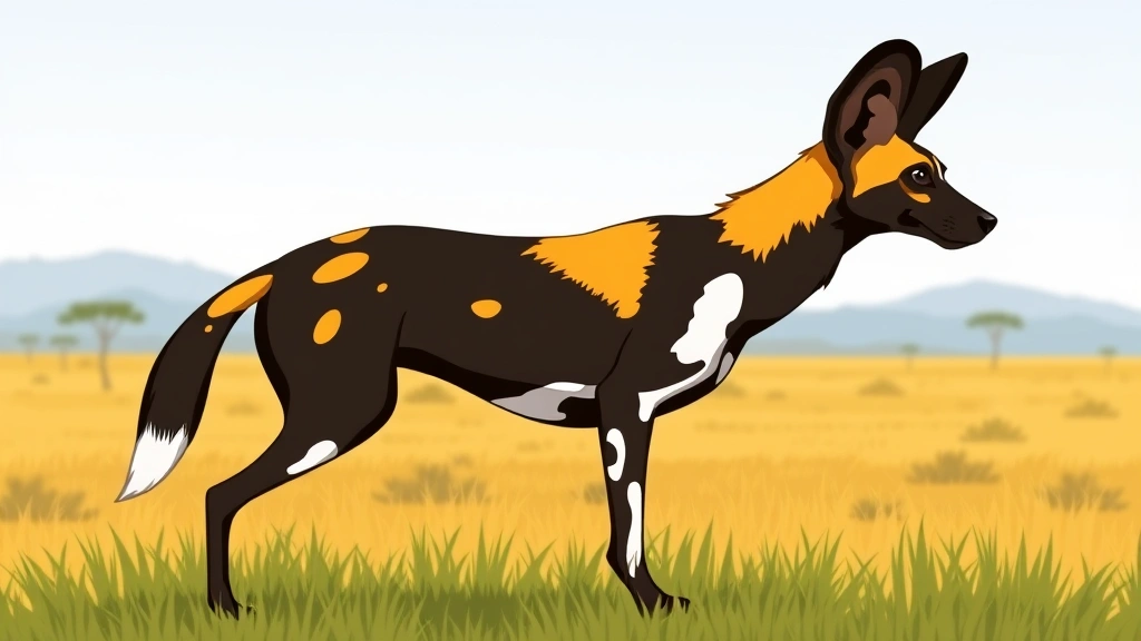 african painted dog - Cartoon illustration of an African painted dog standing in profile on African sa