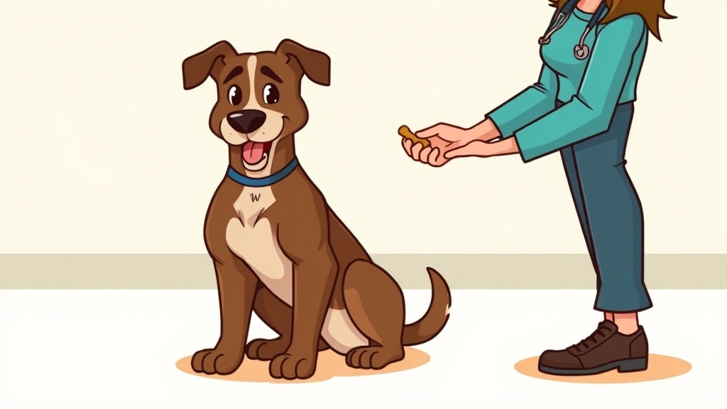 aggressive dog breeds - Cartoon illustration of a muscular dog sitting calmly with a trainer holding a t