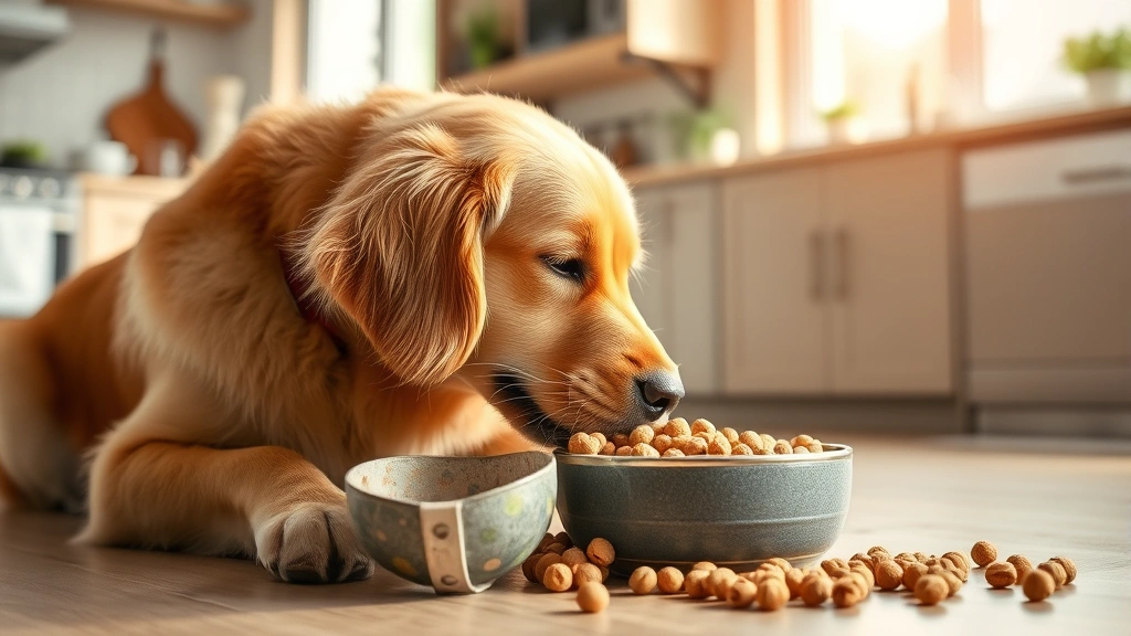 air dried dog food - A golden retriever happily eating from a bowl with light brown pellets, sitting