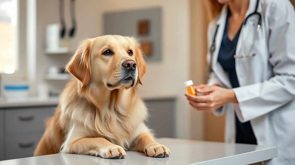antibiotics for dogs - A golden retriever sitting calmly at a veterinary clinic table while a female ve