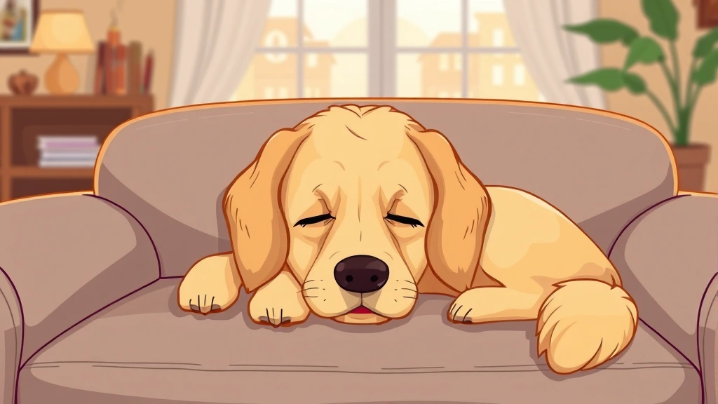 anxiety meds for dogs - Cartoon illustration of a calm, relaxed golden retriever lying on a couch with a