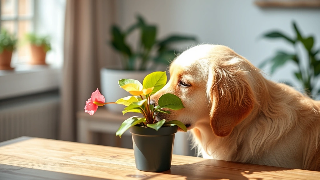 Golden retriever sniffing potted begonia plant on wooden table indoors, curious expression, soft natural lighting