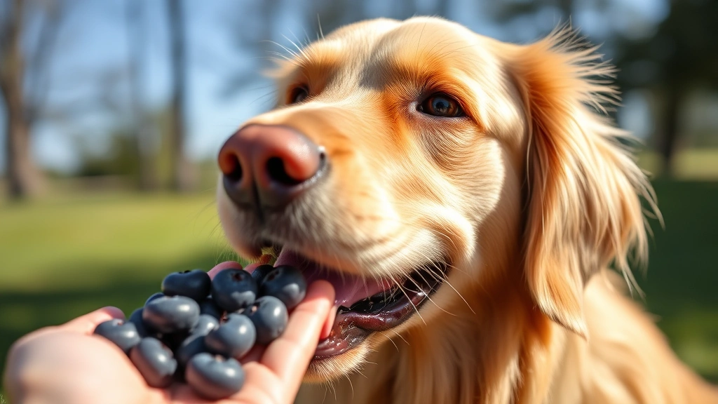 Close-up of a golden retriever happily eating fresh blueberries from owner's hand outdoors, natural sunlight, dog's tongue visible, focused expression