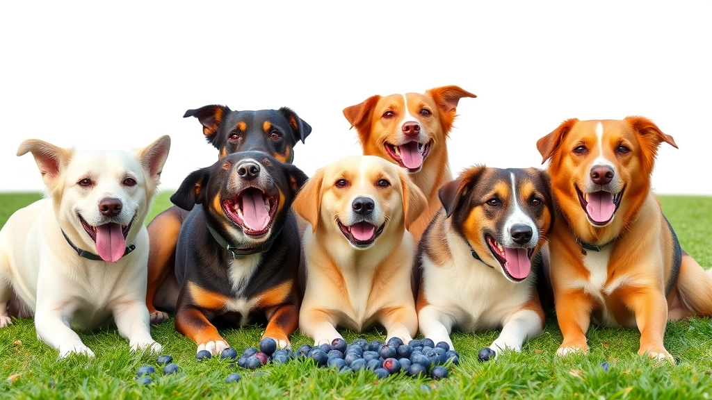 Mixed group of dogs different breeds eating frozen blueberries on grass in summer, playful moment, various dog sizes enjoying treats together