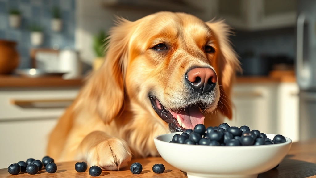 Golden Retriever happily eating fresh blueberries from a white ceramic bowl, sunlit kitchen background, dog's face focused and content