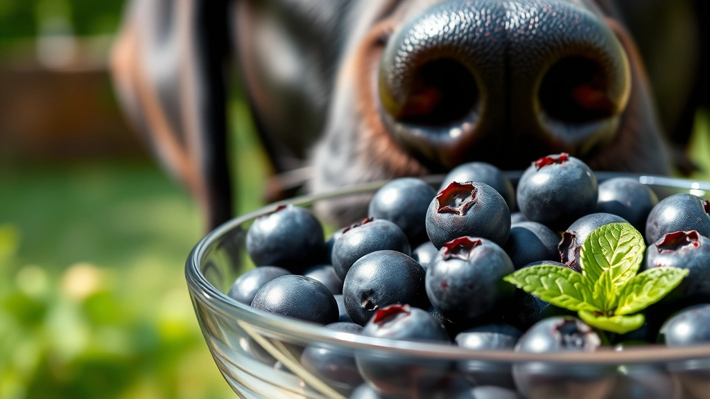 Close-up of fresh blueberries in a clear glass bowl next to a happy Labrador's nose, outdoor garden setting, natural lighting