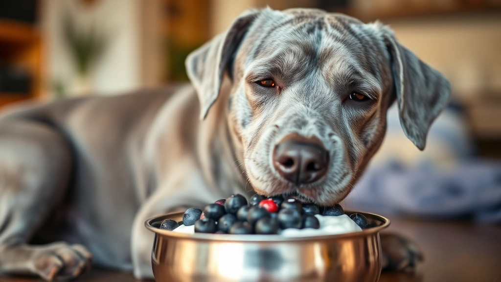 Senior gray dog enjoying mashed blueberries mixed with plain yogurt from a metal food bowl, warm indoor lighting, peaceful expression