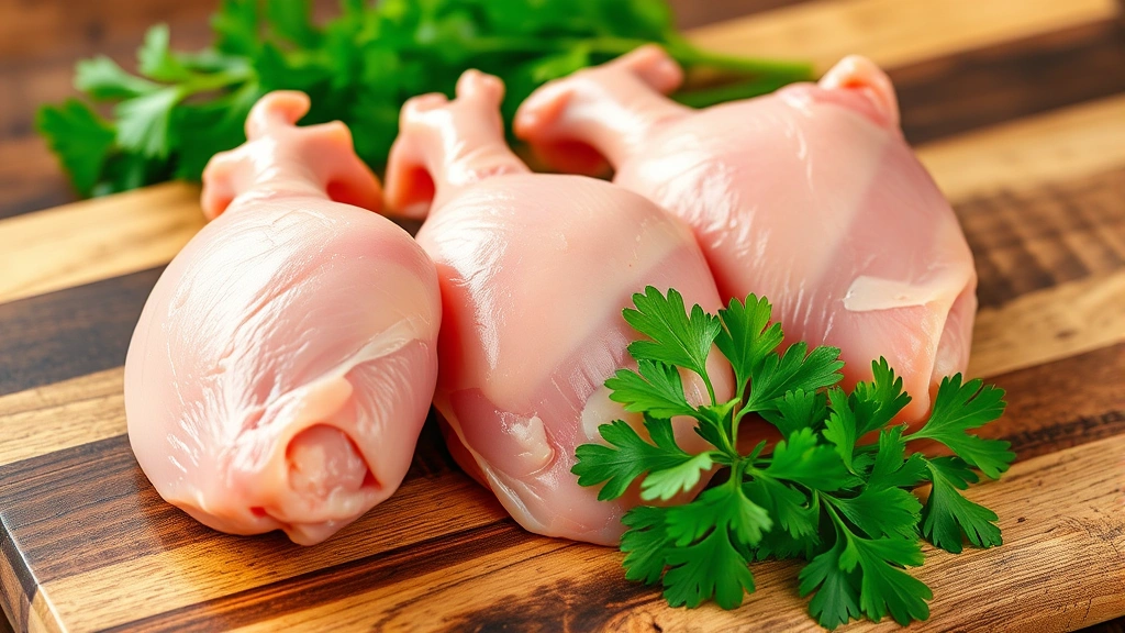 Raw chicken hearts on a wooden cutting board with fresh parsley, close-up food photography, natural lighting, raw poultry organ meat