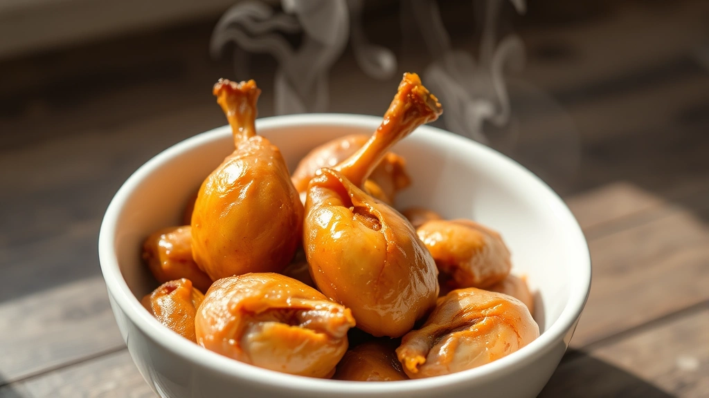 Golden-brown cooked chicken hearts in a white ceramic bowl, steaming slightly, natural daylight, prepared dog food