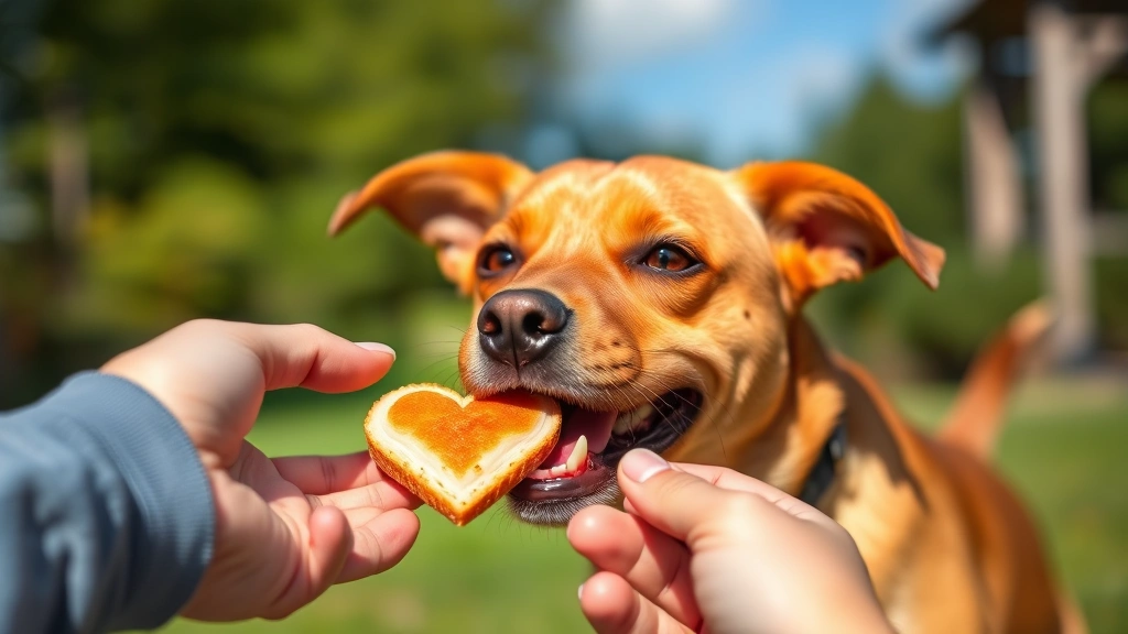Small brown dog eagerly eating chicken heart treat from owner's hand outdoors, happy pet expression, sunny day, dog receiving food reward