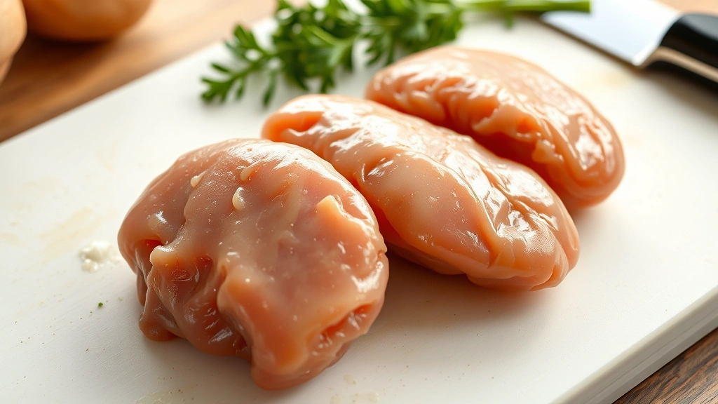 Close-up of raw chicken livers on a clean cutting board with fresh herbs nearby, photorealistic, golden-brown organ meat texture visible, natural kitchen lighting, no text