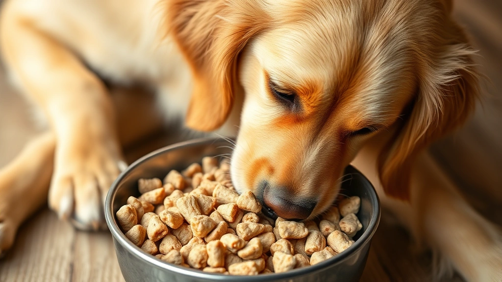 Golden retriever happily eating from a bowl containing cooked chicken liver pieces mixed with regular kibble, dog's face showing contentment, natural daylight, no text