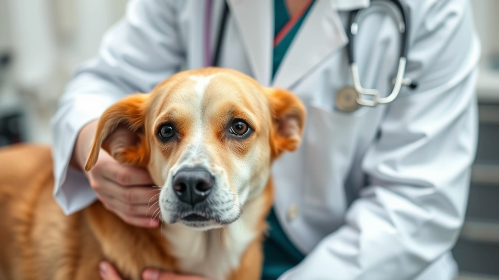 Veterinarian in white coat examining a healthy dog with excellent coat shine during wellness check, clinical setting, professional medical environment, no text