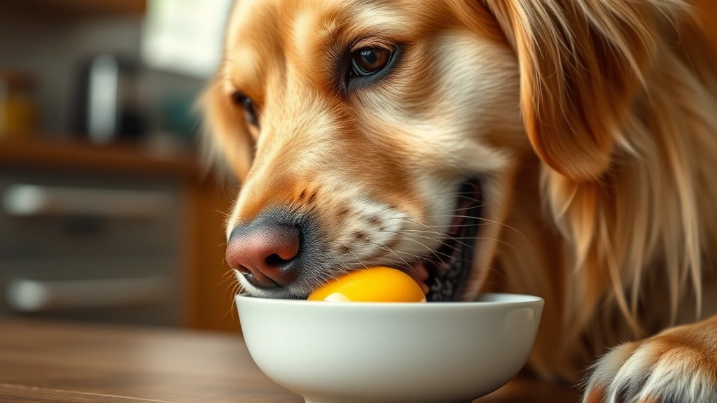 Close-up of a happy golden retriever eating a plain boiled egg from a ceramic bowl, warm kitchen lighting, dog's eyes focused on food, fresh egg visible