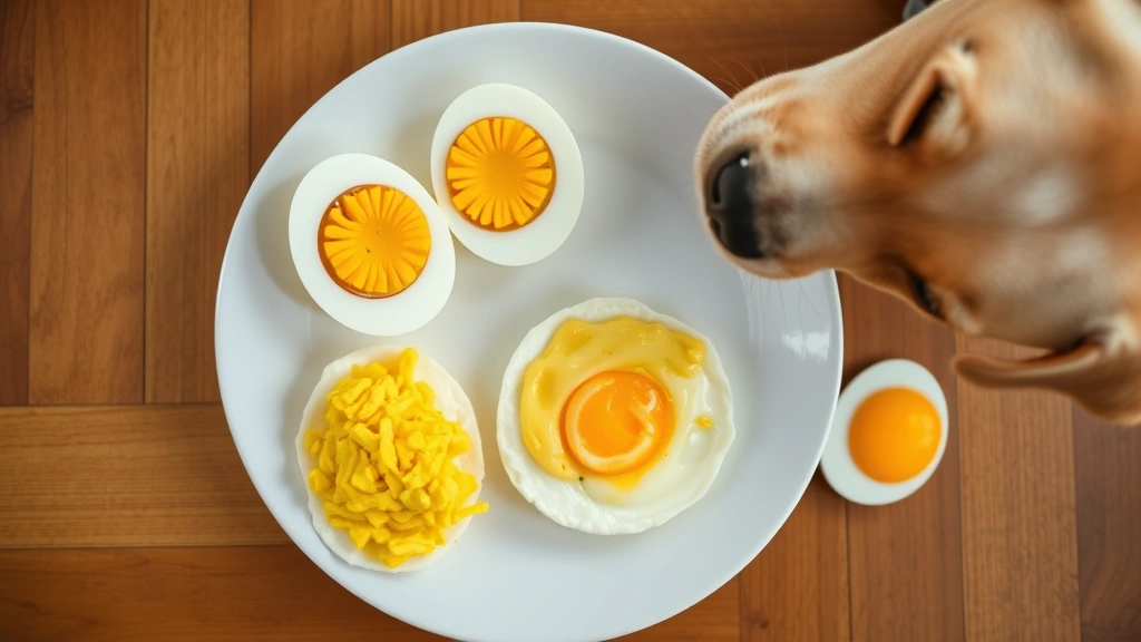 Overhead shot of various cooked egg preparations on a white plate: boiled eggs cut in half, scrambled eggs, and poached eggs, with a curious Labrador puppy sniffing nearby