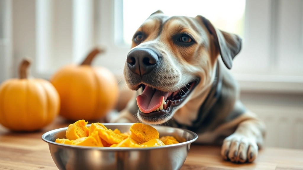 Healthy senior dog with grey muzzle enjoying scrambled eggs mixed with plain pumpkin in a stainless steel bowl, bright natural window light, content expression