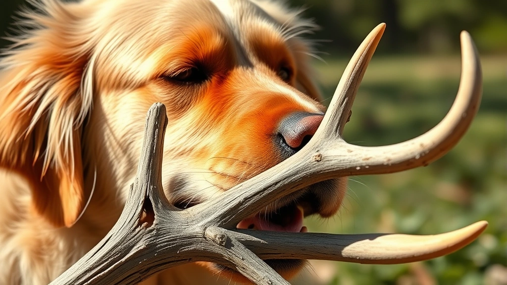 Golden Retriever intensely chewing on a large whole deer antler, close-up of dog's face showing focused chewing behavior, natural outdoor setting, bright daylight