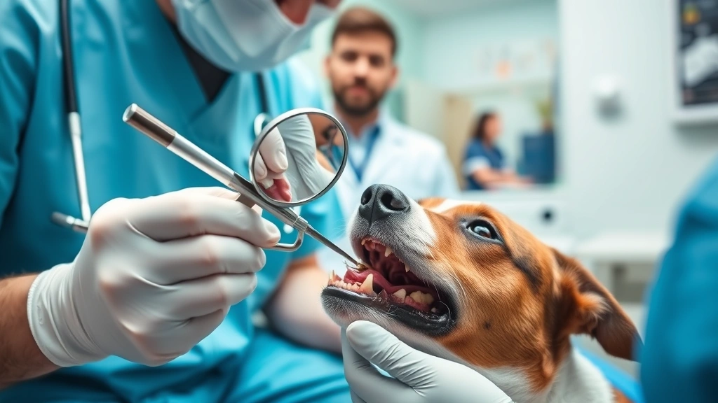 Veterinary dentist examining dog's fractured tooth with dental mirror and instrument, professional vet clinic setting, concerned owner in background watching examination