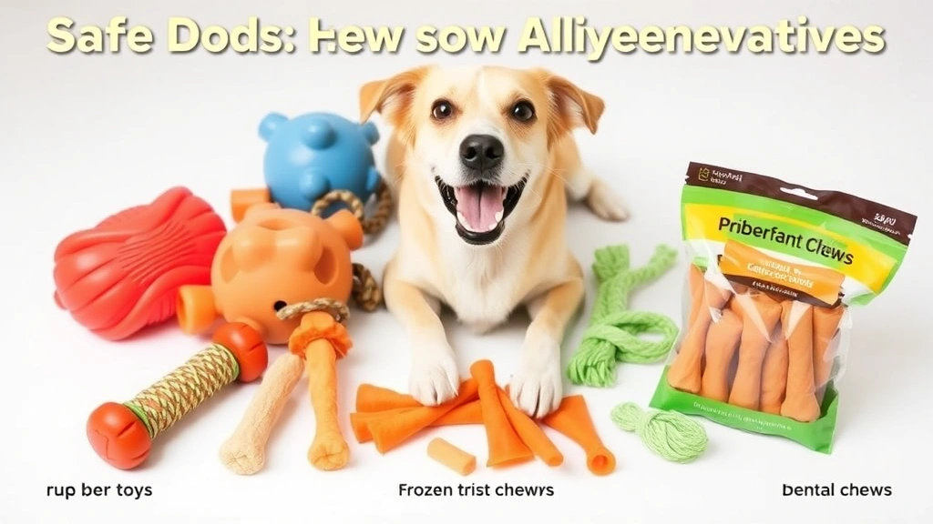 Variety of safe dog chew alternatives displayed: rubber Kong toys, rope toys, dental chews, and frozen carrot treats, arranged on white surface with happy dog in frame