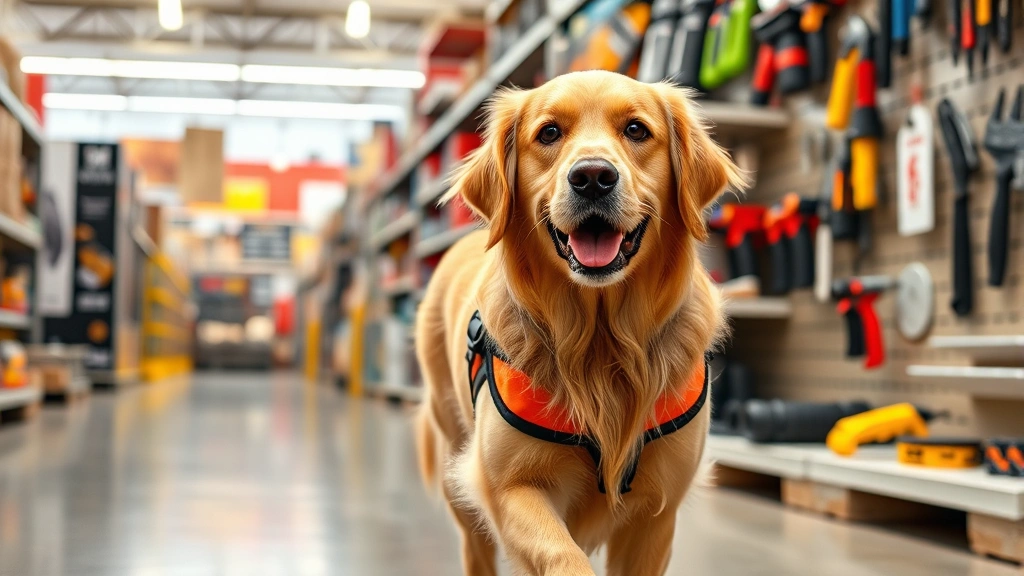 Golden retriever wearing service dog vest walking calmly through bright home improvement store aisle with shelves of tools and supplies in background