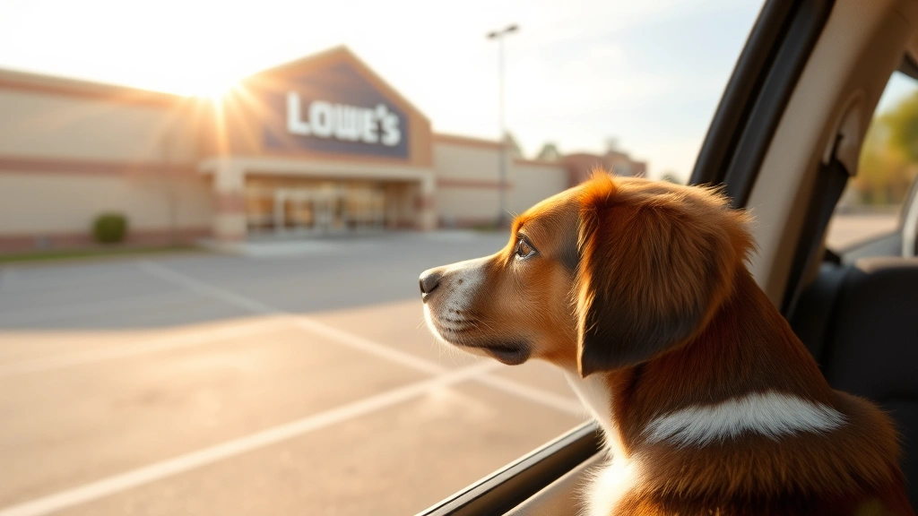 Small brown and white dog looking out from car window in parking lot with Lowe's store building visible, golden afternoon sunlight