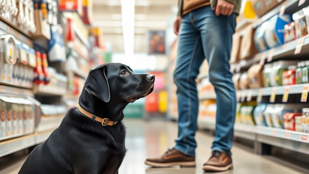 Labrador retriever sitting attentively next to owner in hardware store aisle, focused on handler with calm professional demeanor