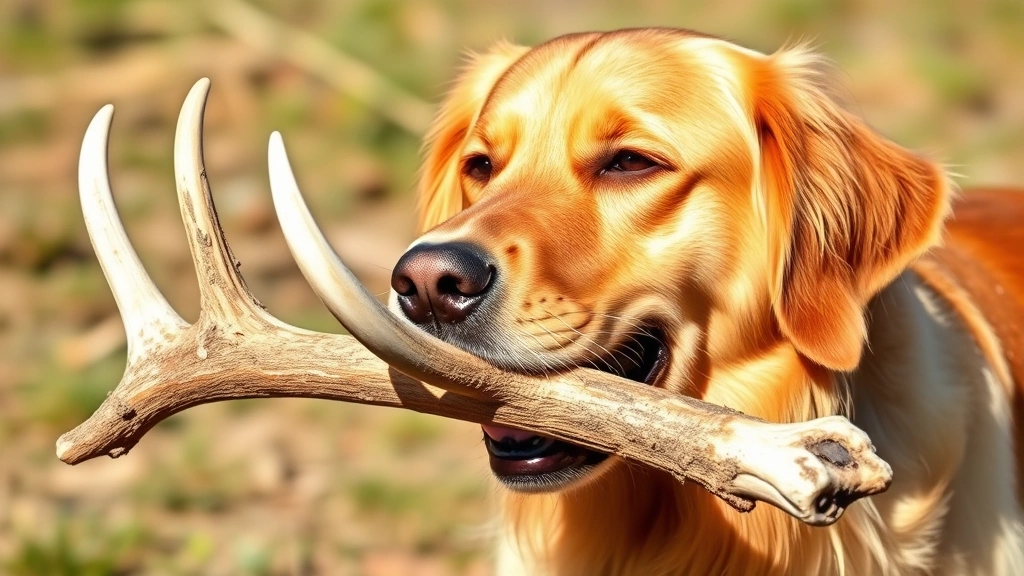Golden retriever happily chewing on a large whole elk antler outdoors in natural sunlight, dog's face focused and engaged, antler clearly visible
