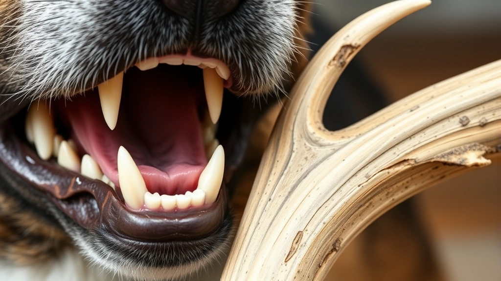 Close-up of dog's mouth showing healthy white teeth next to a split elk antler, demonstrating dental structure and chewing surface comparison