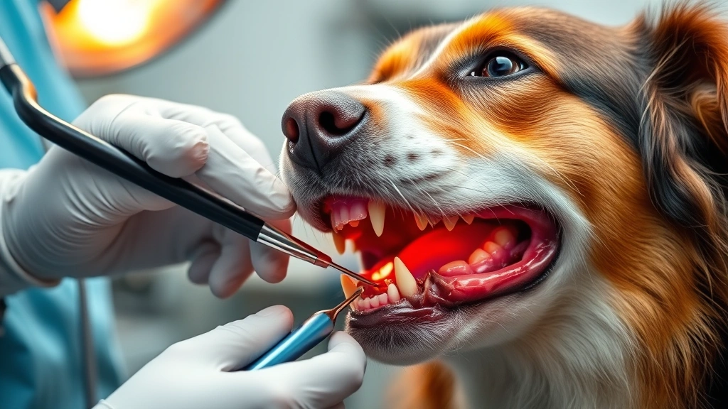 Veterinarian examining a dog's mouth with dental tools, checking teeth and gums for damage or fractures, professional clinical setting with warm lighting