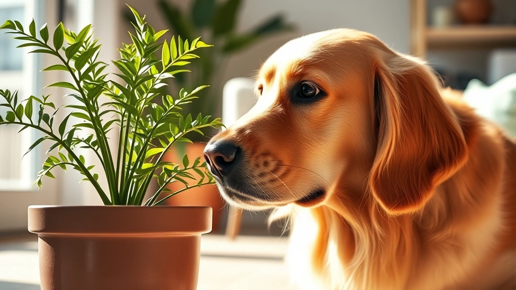 Golden retriever sniffing at potted Boston fern indoors, curious expression, sunlit living room, shallow depth of field focusing on dog's face