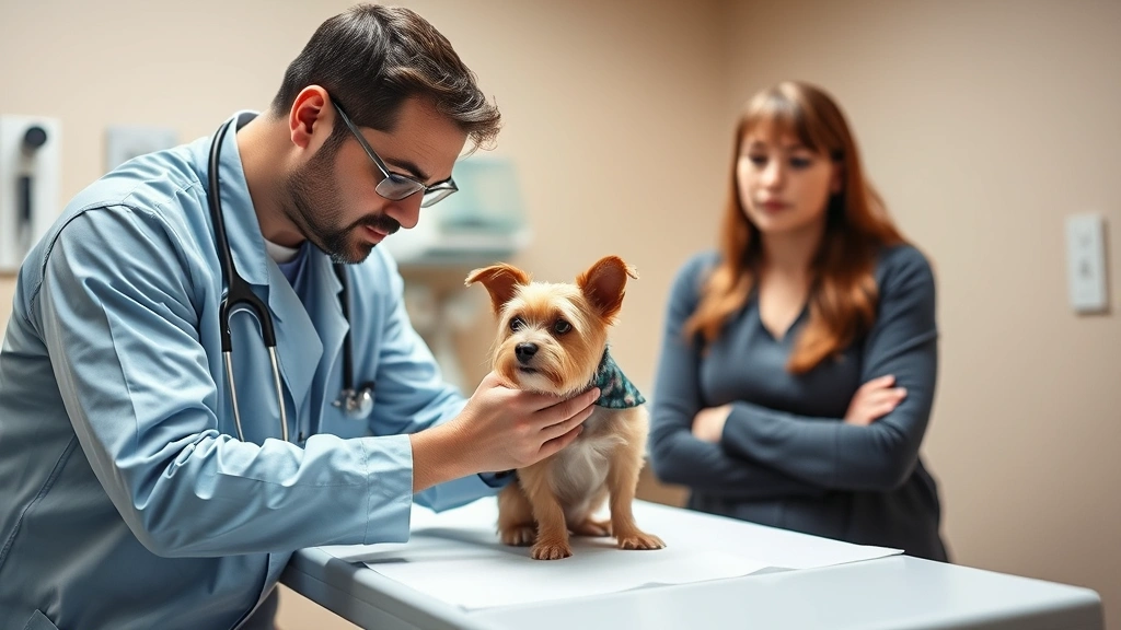 Veterinarian examining small terrier dog on examination table with concerned owner watching, clinical setting, warm professional lighting