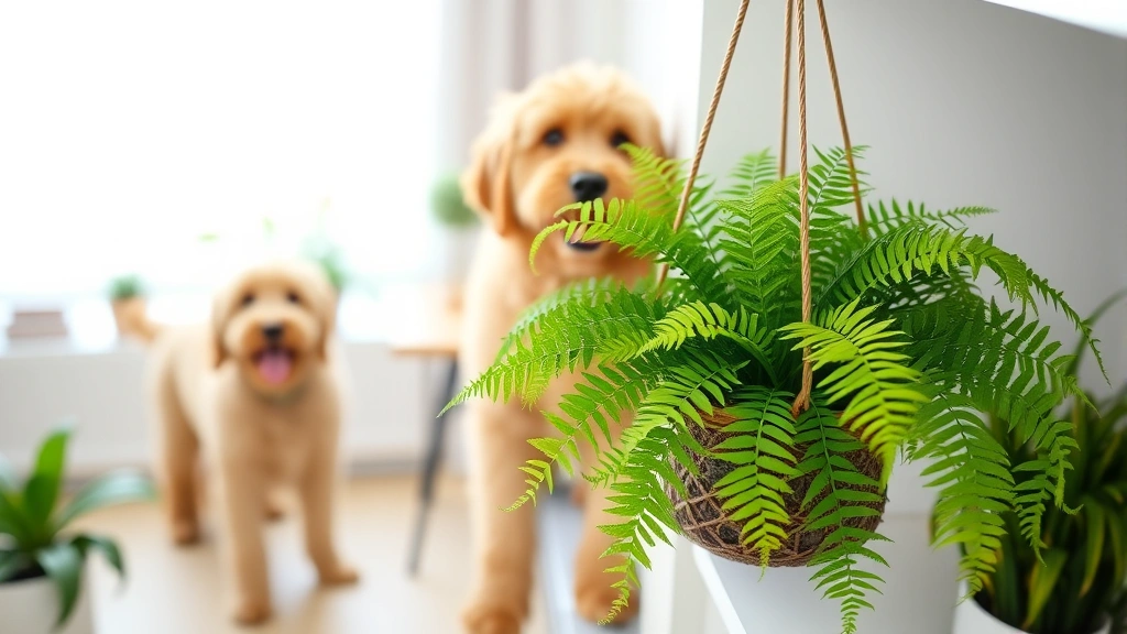 Boston fern plant in hanging basket on high shelf away from playful golden doodle in background, bright home interior, plant detail in foreground