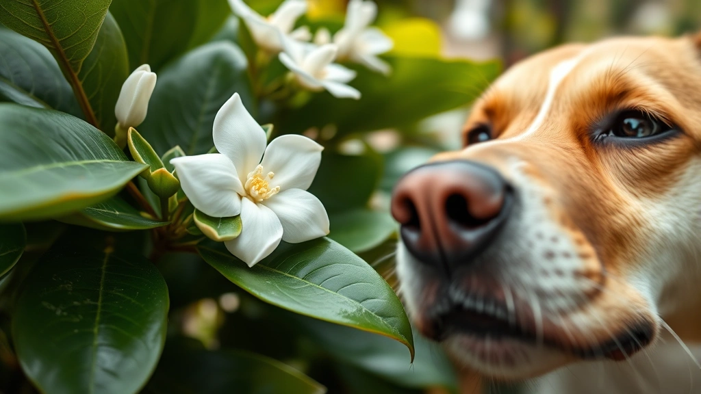 Close-up of gardenia plant leaves and white blooms with dog nose entering frame from side, natural outdoor lighting, soft focus background