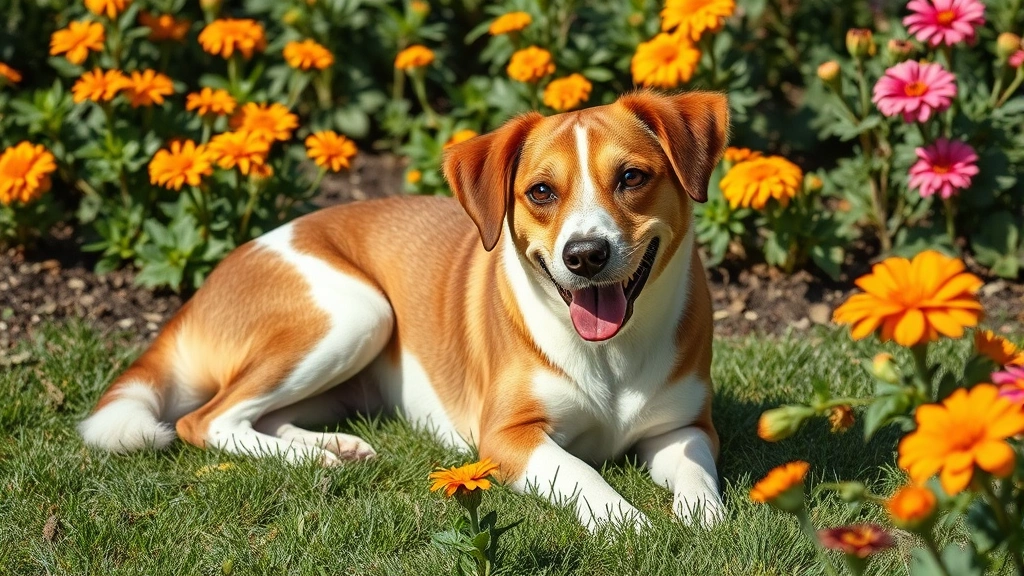 Brown and white dog lying in safe dog-friendly garden with marigolds and zinnias blooming, happy relaxed posture, bright daylight, no gardenias visible