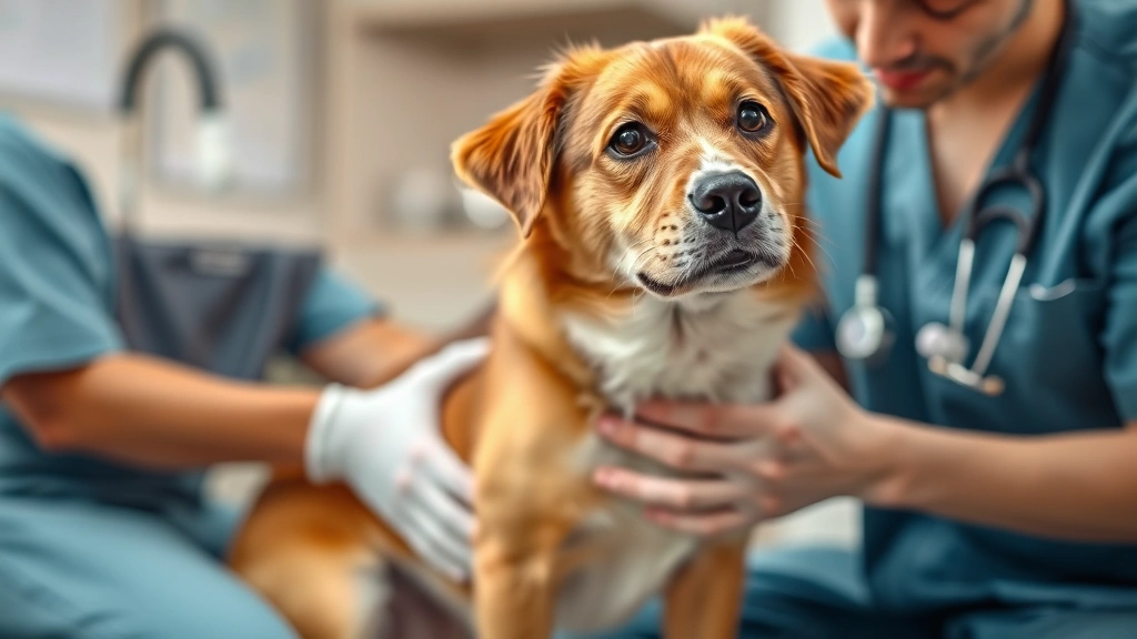 Veterinarian examining a medium-sized mixed breed dog's abdomen during a check-up, professional clinic setting with concerned expression