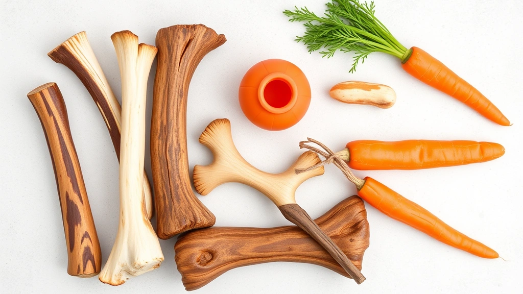 Assortment of safe dog chews laid out on a light background: bully sticks, yak chews, rubber Kong toys, and raw carrots, vibrant and appealing