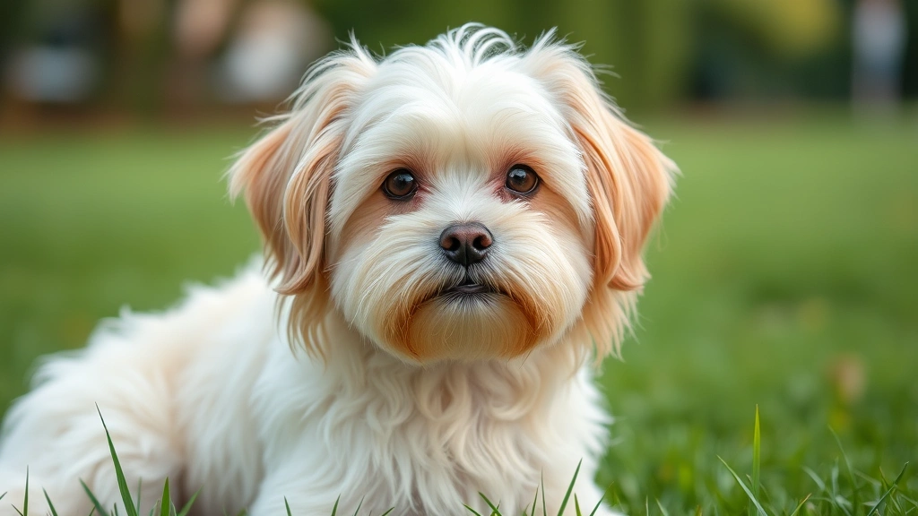 Close-up of a cream-colored Havanese dog with silky long coat, sitting outdoors on grass looking at camera with gentle expression