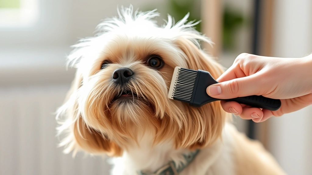 Havanese dog being brushed by owner's hands with slicker brush, showing loose hair removal during grooming session in bright natural light