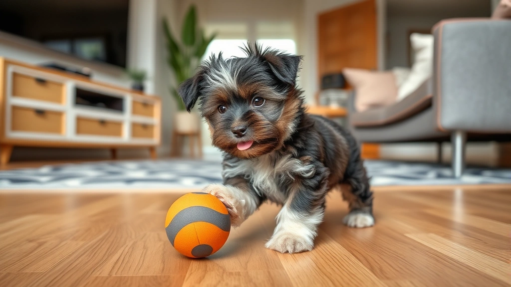 Small Havanese puppy playing with toy on hardwood floor in modern living room, demonstrating low-shedding breed in home environment